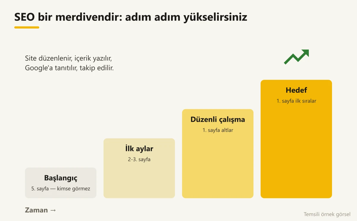 SEO'nun zamanla basamak basamak yükselmesini gösteren merdiven